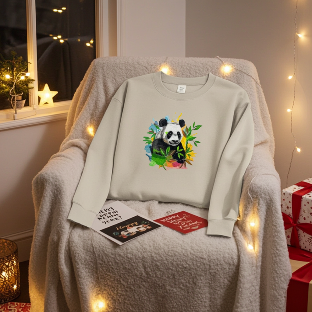 Mint green  unisex crewneck sweatshirt with vivid panda and bamboo embroidery design, flat lay with holiday gifts, cards and warm string lights.