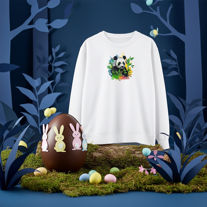White unisex crewneck sweatshirt with vivid panda and bamboo embroidery design, styled in whimsical forest scene with Easter egg and pastel candies.