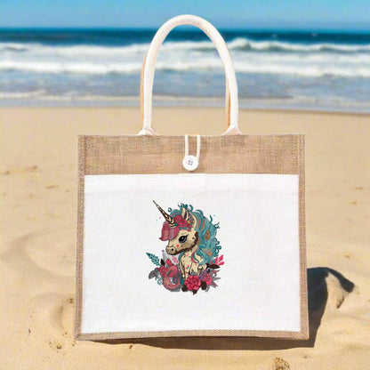 Enchanted Meadows: Unicorn Garden Embroidered Jute Tote – Mythical Blooms in Thread