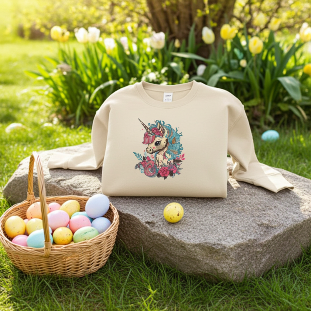 Beige unisex crewneck sweatshirt with whimsical unicorn and floral embroidery design, styled outdoors on stone with Easter egg basket and pastel eggs.
