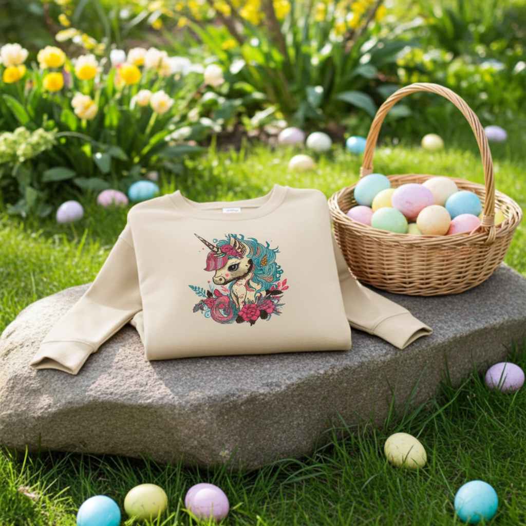 Beige unisex crewneck sweatshirt with whimsical unicorn and floral embroidery design, styled outdoors on stone with Easter egg basket and pastel eggs.