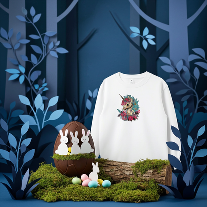 White unisex crewneck sweatshirt with whimsical unicorn and floral embroidery design, styled in enchanted forest scene with Easter egg and pastel candies.