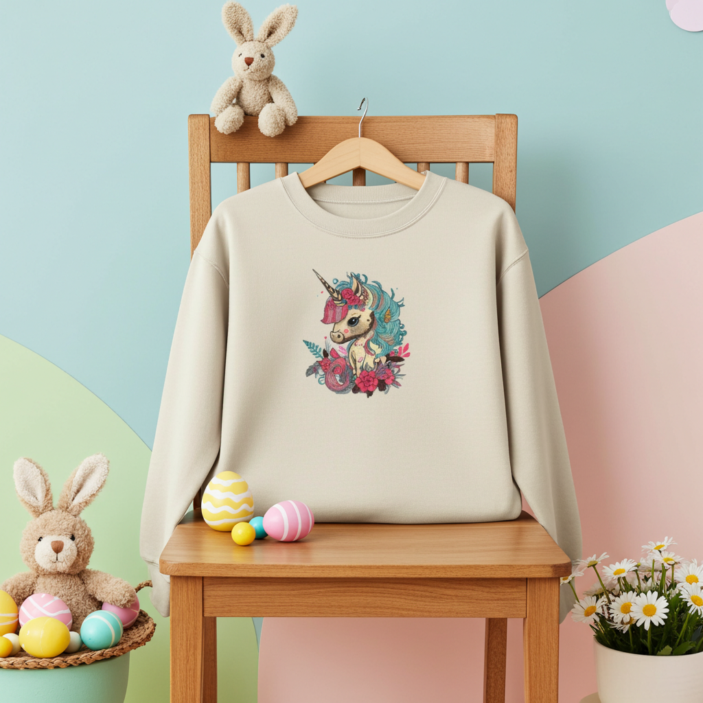 Mint Green unisex crewneck sweatshirt with whimsical unicorn and floral embroidery design, hanging on chair in pastel Easter-themed setup with bunny plush and eggs.