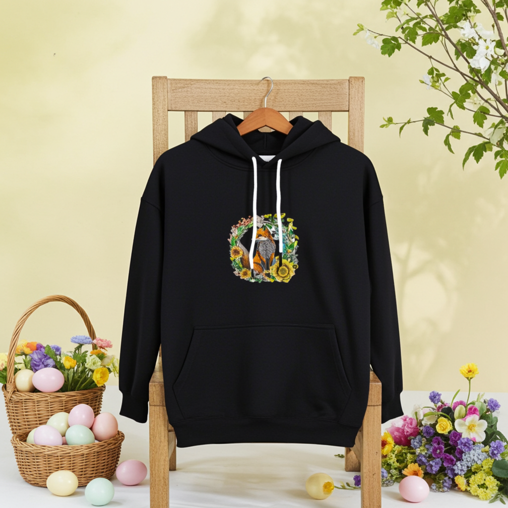 Black hoodie featuring a wild fox and floral wreath embroidery design on the chest, displayed on a wooden chair with spring flowers and pastel eggs in the scene, original EmbroMania artwork.