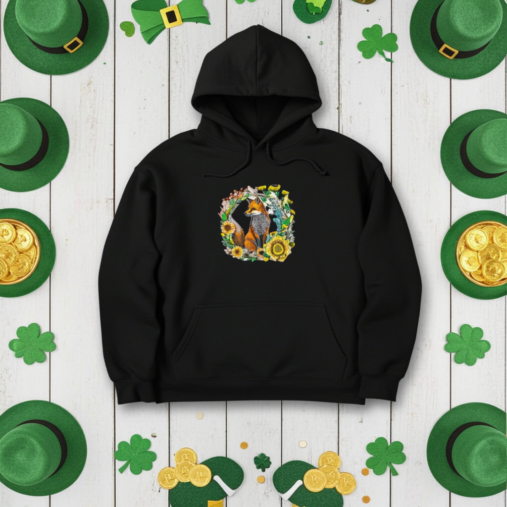 Black hoodie featuring a wild fox and floral wreath embroidery design on the chest, styled on a St. Patrick’s Day themed background with green hats, shamrocks, and gold coins, original EmbroMania artwork.