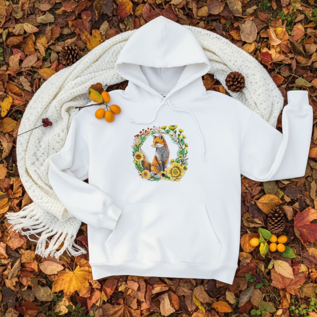 White hoodie featuring a wild fox and floral wreath embroidery design on the chest, styled flat-lay on autumn leaves with a cozy knit blanket, pinecones, and orange berries, original EmbroMania artwork.