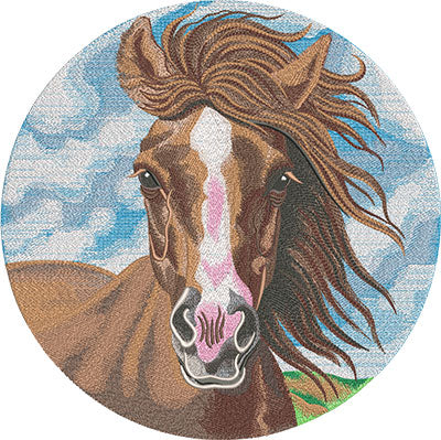 Embroidered design featuring a majestic horse with a flowing mane against a blue sky background