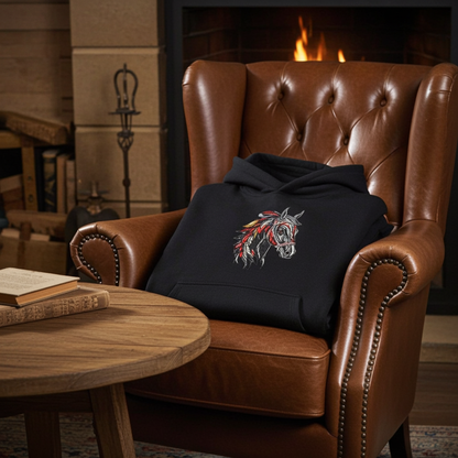 Black unisex pullover hoodie with wild spirit horse head embroidery in black, red and gold, styled on leather armchair by fireplace in cozy cabin setting.