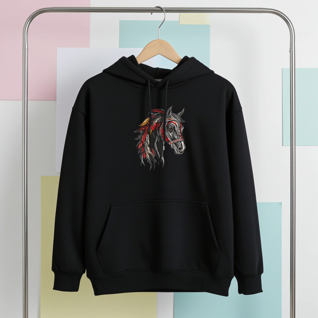 Black unisex pullover hoodie with wild spirit horse head embroidery in black, red and gold, hanging on clothing rack in studio setting.