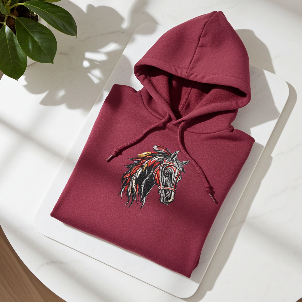 Burgundy unisex pullover hoodie with Wild Spirit horse head embroidery in black, red and gold, folded flat lay on white tray with plant and sunlight.