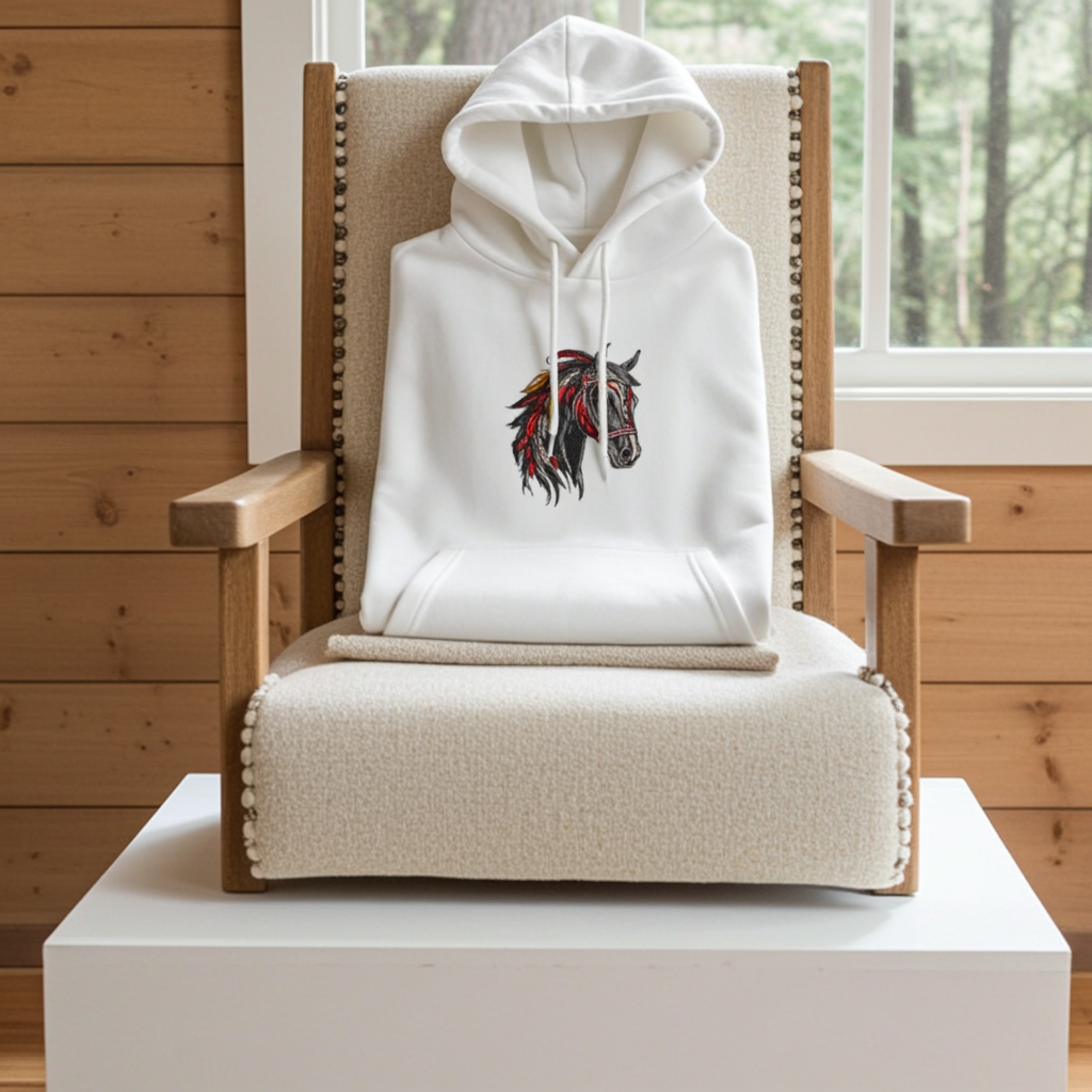 White unisex pullover hoodie with wild spirit horse head embroidery in black, red and gold, folded and styled on armchair in cozy cabin setting.
