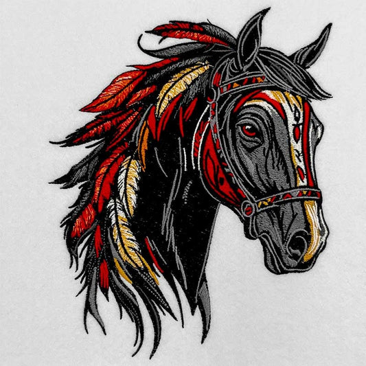 Close-up horse head embroidery design in black, red and gold thread, detailed stitched western horse portrait on fabric background.