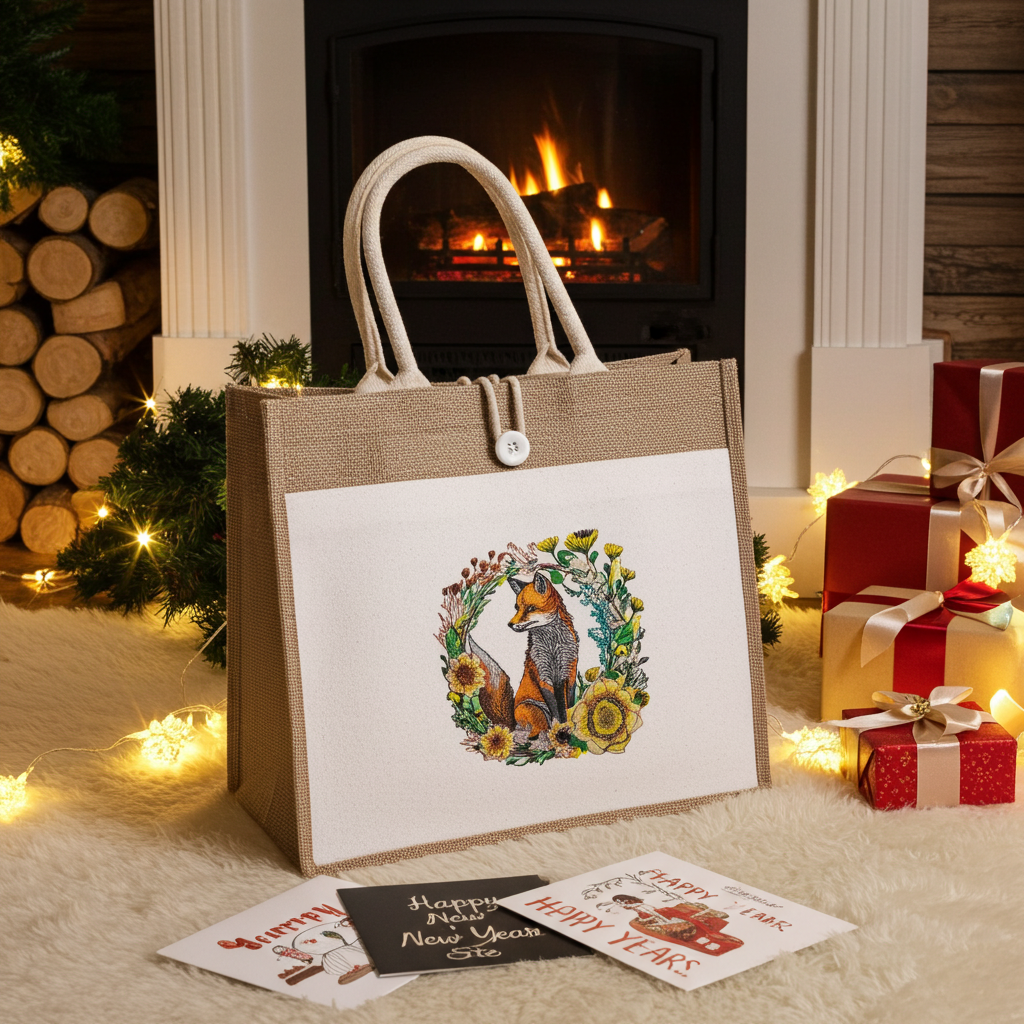 Natural jute tote handbag featuring a wild sunflower fox embroidery design, styled indoors on a fluffy rug with string lights, wrapped gifts, a snowy window view, and a lit fireplace in the background.