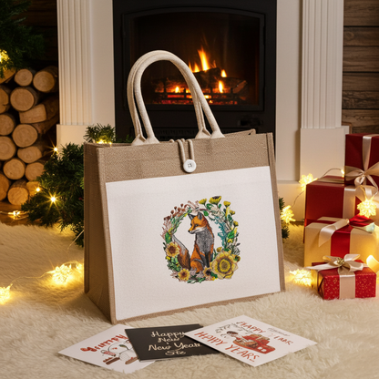 Natural jute tote handbag featuring a wild sunflower fox embroidery design, styled indoors on a fluffy rug with string lights, wrapped gifts, a snowy window view, and a lit fireplace in the background.
