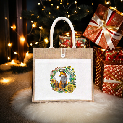 Natural jute tote handbag featuring a wild sunflower fox embroidery design, styled indoors on a fluffy rug with string lights, wrapped gifts, a snowy window view, and a lit fireplace in the background.