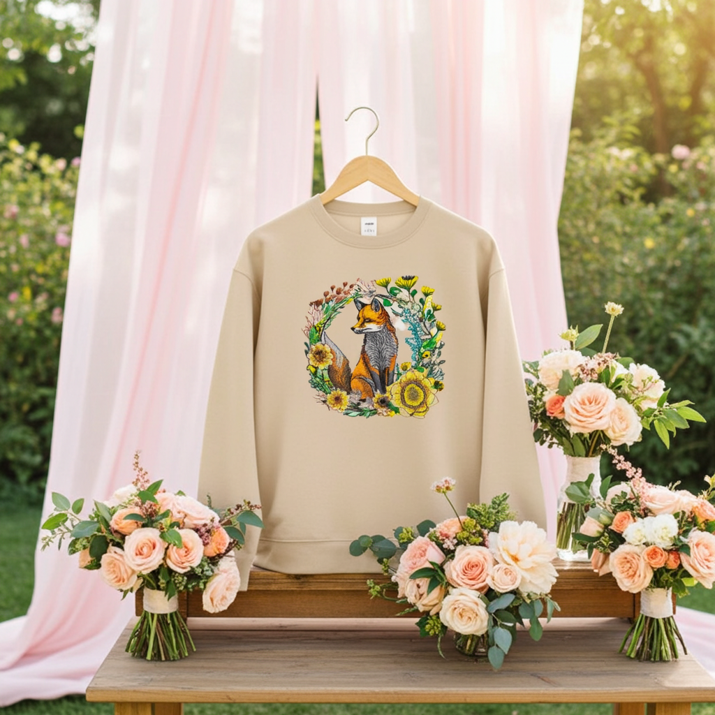 Beige unisex crewneck sweatshirt with wild sunflower fox embroidery in floral wreath design, hanging in floral event setting with draped curtains.