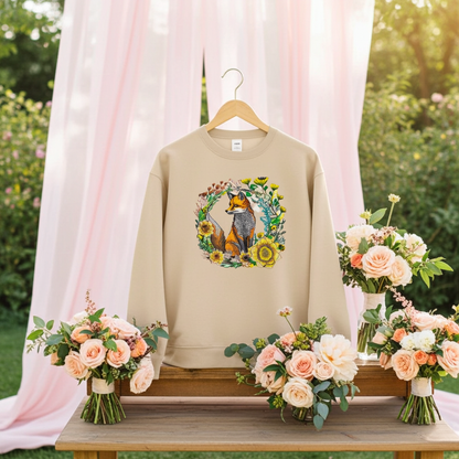 Beige unisex crewneck sweatshirt with wild sunflower fox embroidery in floral wreath design, hanging in floral event setting with draped curtains.