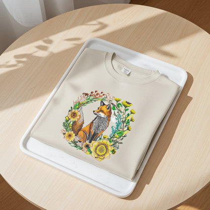 Mint Green  unisex crewneck sweatshirt with wild sunflower fox embroidery in a floral wreath design, flat lay on white tray with plant and sunlight.