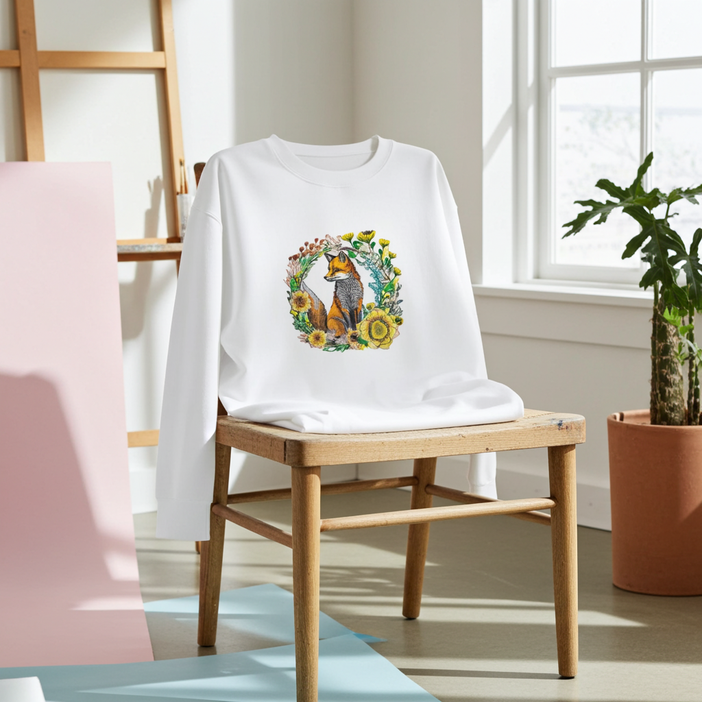White unisex crewneck sweatshirt with wild sunflower fox embroidery in floral wreath design, hanging on chair in bright studio with pastel boards.