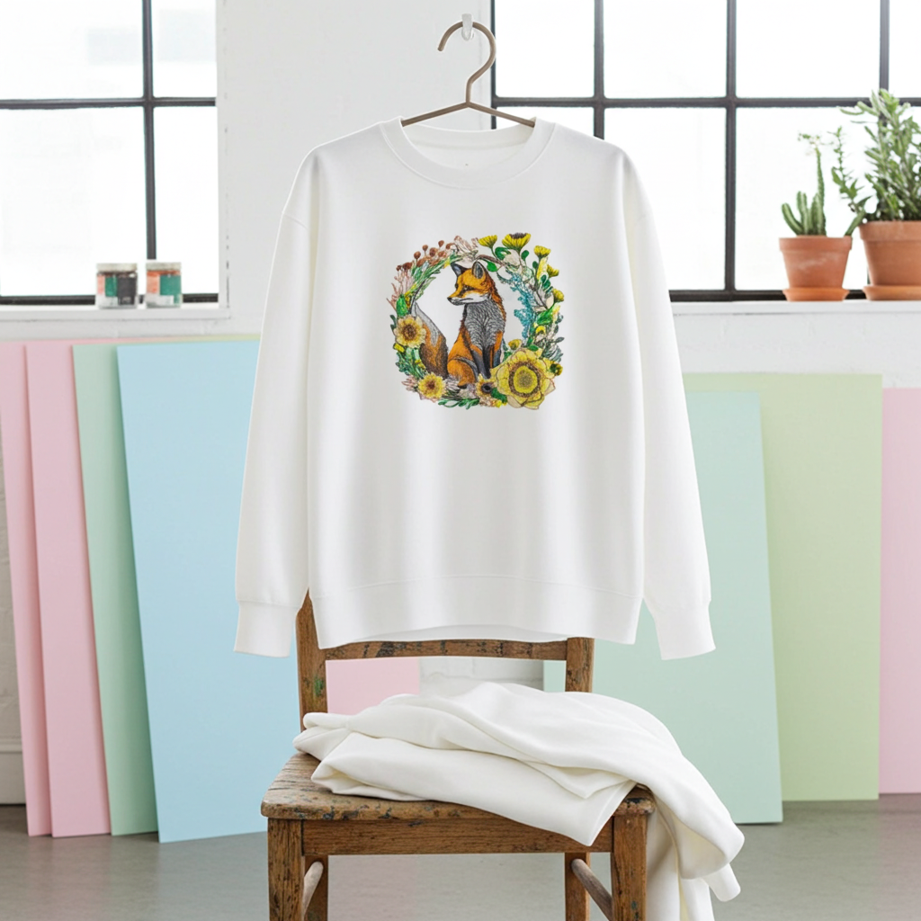 White unisex crewneck sweatshirt with wild sunflower fox embroidery in floral wreath design, hanging on chair in bright studio with pastel boards.