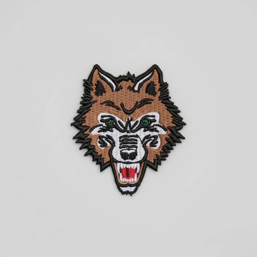 Embroidered patch of a wolf's head on a grid background
