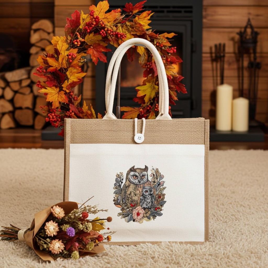 Natural jute tote bag featuring a woodland owl pair embroidery design, styled indoors on a fluffy rug with a fall flower arrangement and warm bokeh lights in the background.