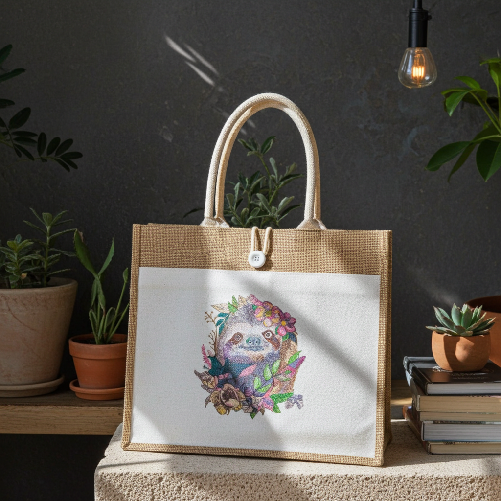 Jute tote bag with woodland sloth bloom embroidery design, displayed on pedestal in cozy indoor setting with plants and books.