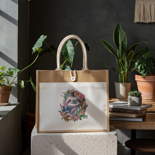 Jute tote bag with woodland sloth bloom embroidery design, displayed on pedestal in cozy indoor setting with plants and books.