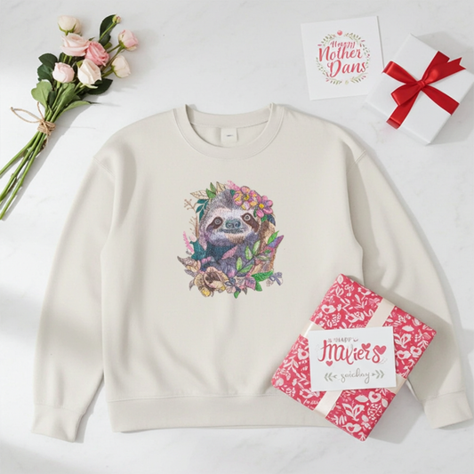 Mint green  unisex crewneck sweatshirt with woodland sloth bloom embroidery design, styled on armchair with roses, gift box and Mother’s Day card.