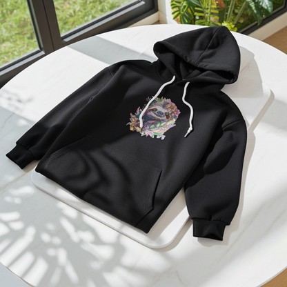 Black hoodie mockup featuring a floral sloth embroidered design on the chest, laid flat on a white table in bright natural window light.