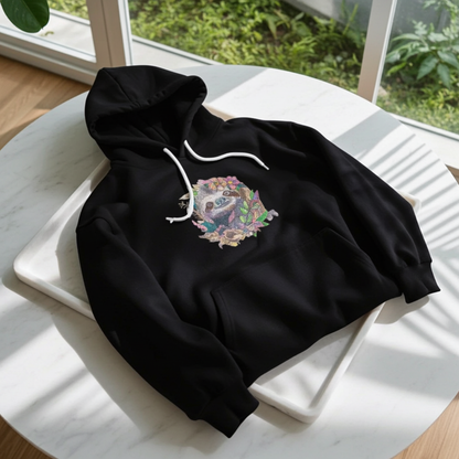 Black hoodie mockup featuring a floral sloth embroidered design on the chest, laid flat on a white table in bright natural window light.