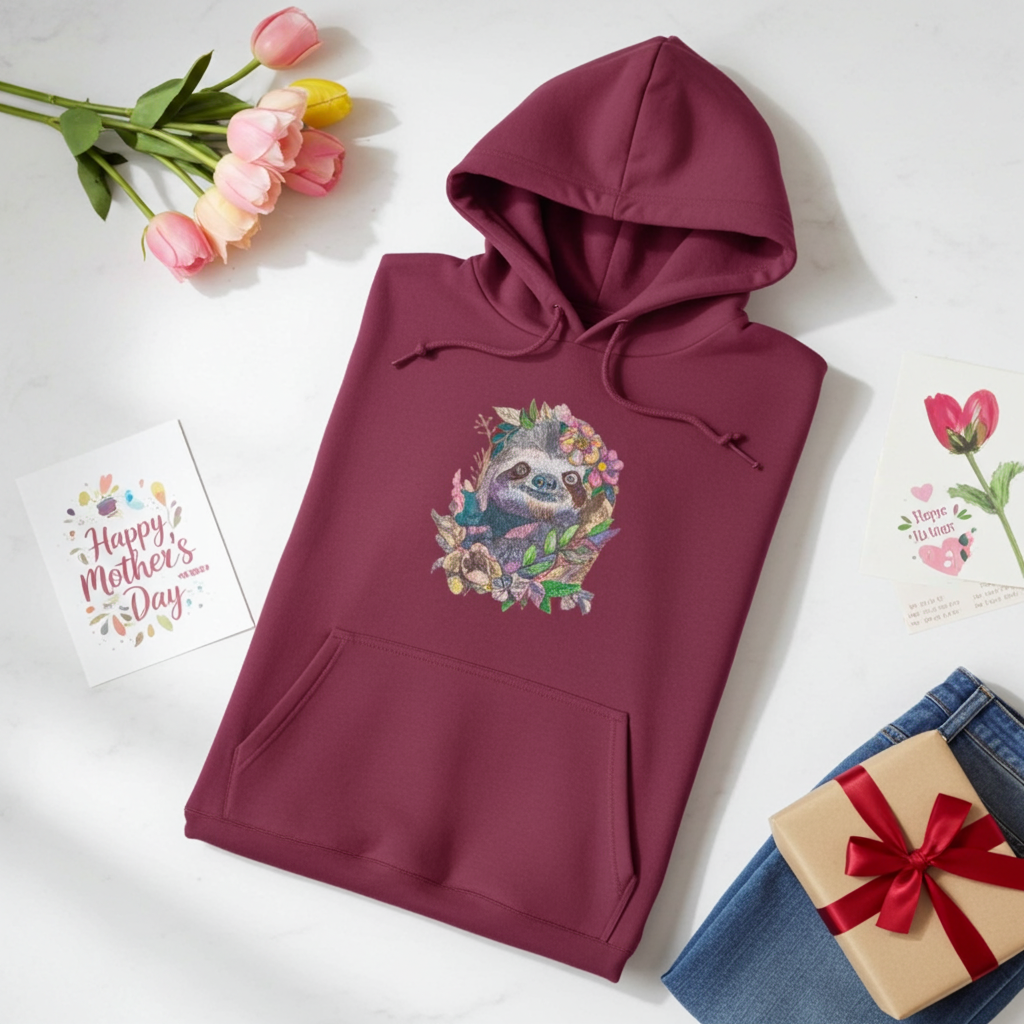 Burgundy hoodie mockup featuring a floral sloth embroidered design on the chest, styled with tulips, a gift box, and a Mother’s Day card on a white background.
