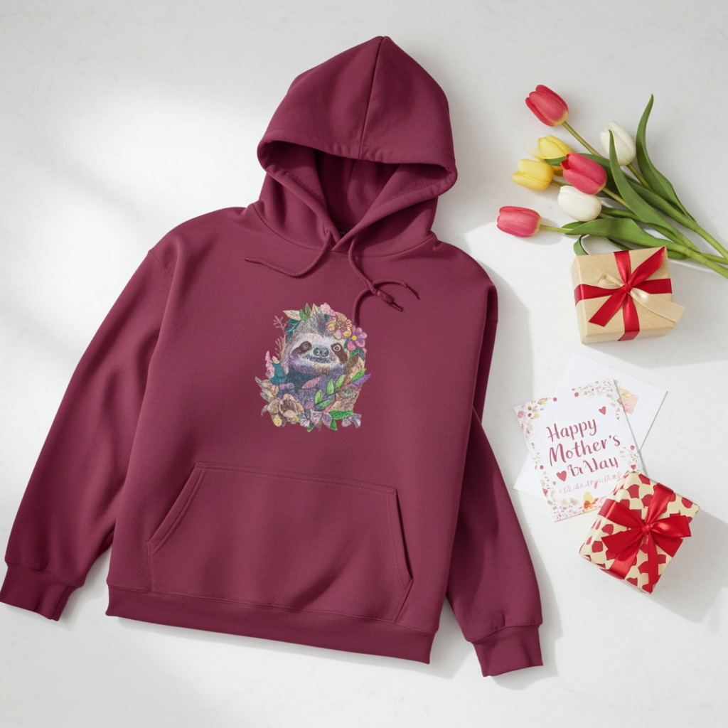 Burgundy hoodie mockup featuring a floral sloth embroidered design on the chest, styled with tulips, a gift box, and a Mother’s Day card on a white background.