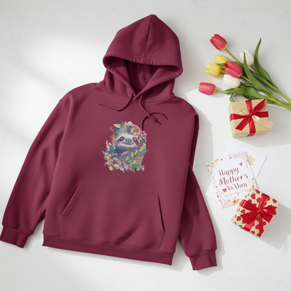 Burgundy hoodie mockup featuring a floral sloth embroidered design on the chest, styled with tulips, a gift box, and a Mother’s Day card on a white background.