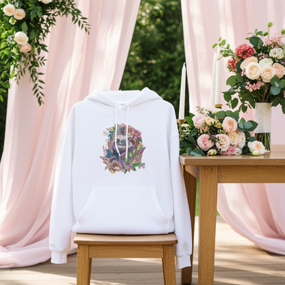 White hoodie mockup featuring a floral sloth embroidered design on the chest, styled at an outdoor table with pink drapes, candles, and floral arrangements.
