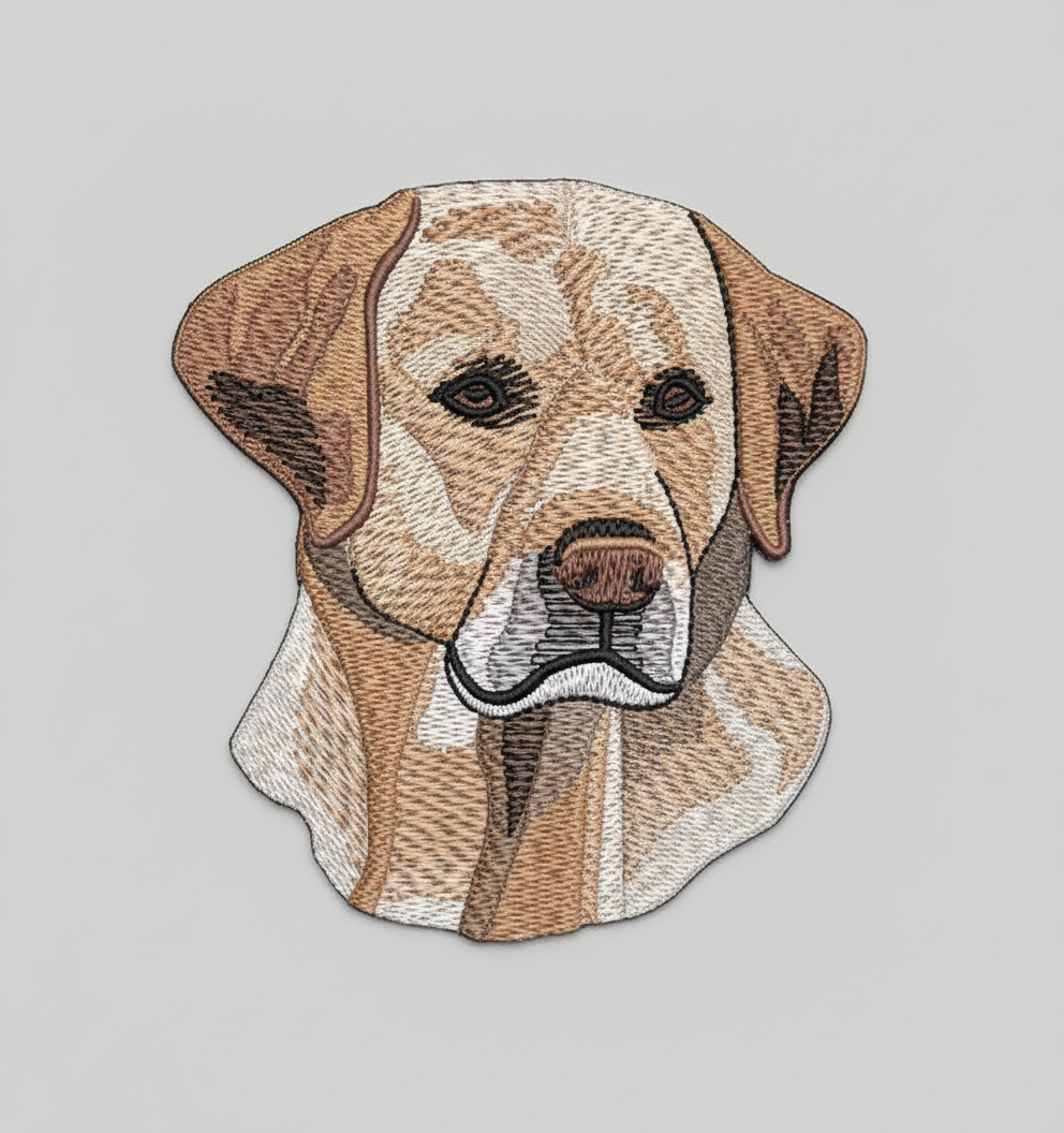 Embroidered design of a Yellow Labrador face on a grid background