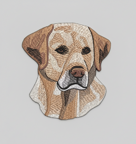 Embroidered design of a Yellow Labrador face on a grid background