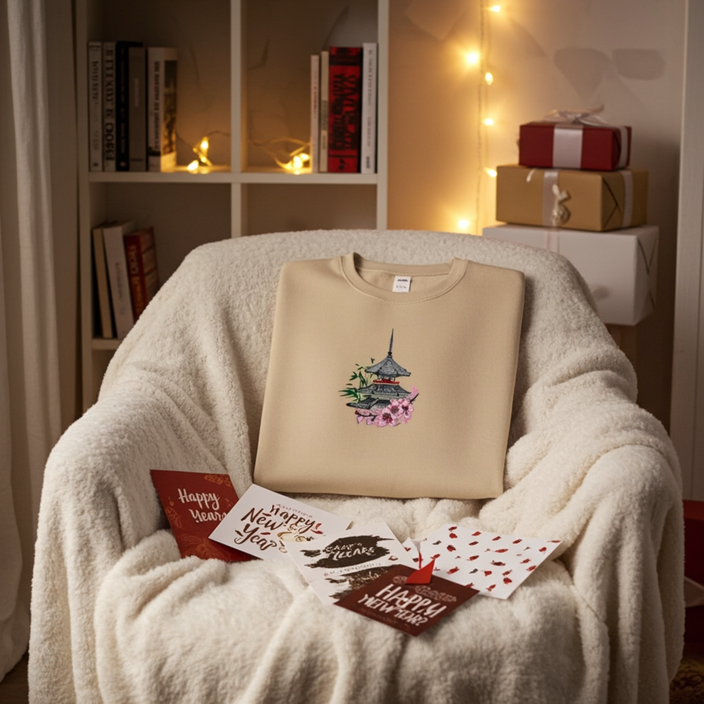 Beige unisex crewneck sweatshirt with pagoda and sakura cherry blossom embroidery design, flat lay with gift boxes, greeting cards and warm fairy lights.