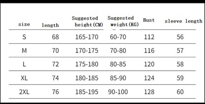 Size chart for clothing with measurements in centimeters and kilograms.