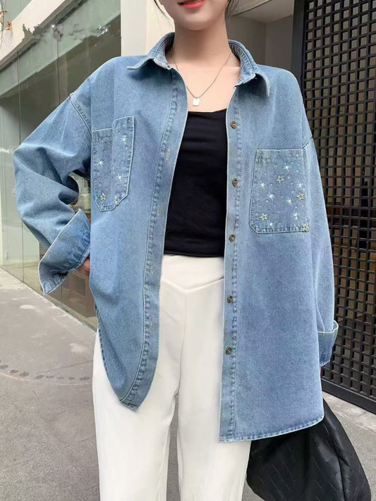 Starfield Denim Shacket — Relaxed Oversize, Star Pocket Detail