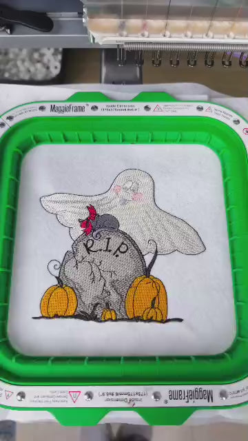 Embroidered Halloween design featuring a cute ghost behind a cracked tombstone with "R.I.P." text, surrounded by pumpkins and a mouse. Perfect for festive sweatshirts, kids’ clothing, and fall hoodies 