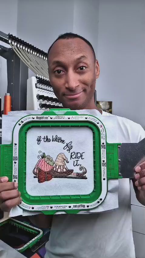 Embroidered Halloween design with a pumpkin, witch hat, and broomstick, featuring the phrase "If the broom fits, ride it." Perfect for festive sweatshirts, tote bags, and fall hoodie 