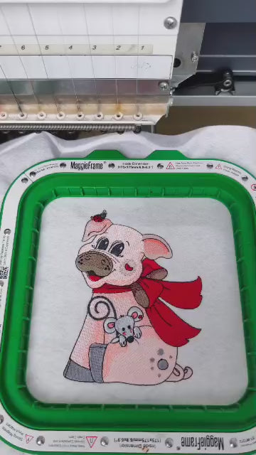Embroidered design of a cute pig with a large pink bow, a mouse in its pocket, and a ladybug on its ear. Perfect for kids’ hoodies, sweatshirts, and tote bags.