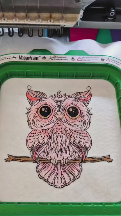 Embroidered design of a cute pink owl with big eyes sitting on a branch. Perfect for kids’ hoodies, sweatshirts, and tote bags.