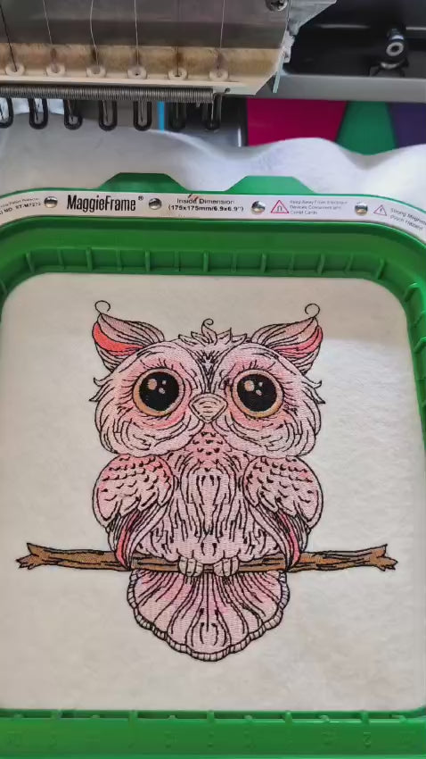 Embroidered design of a cute pink owl with big eyes sitting on a branch. Perfect for kids’ hoodies, sweatshirts, and tote bags.