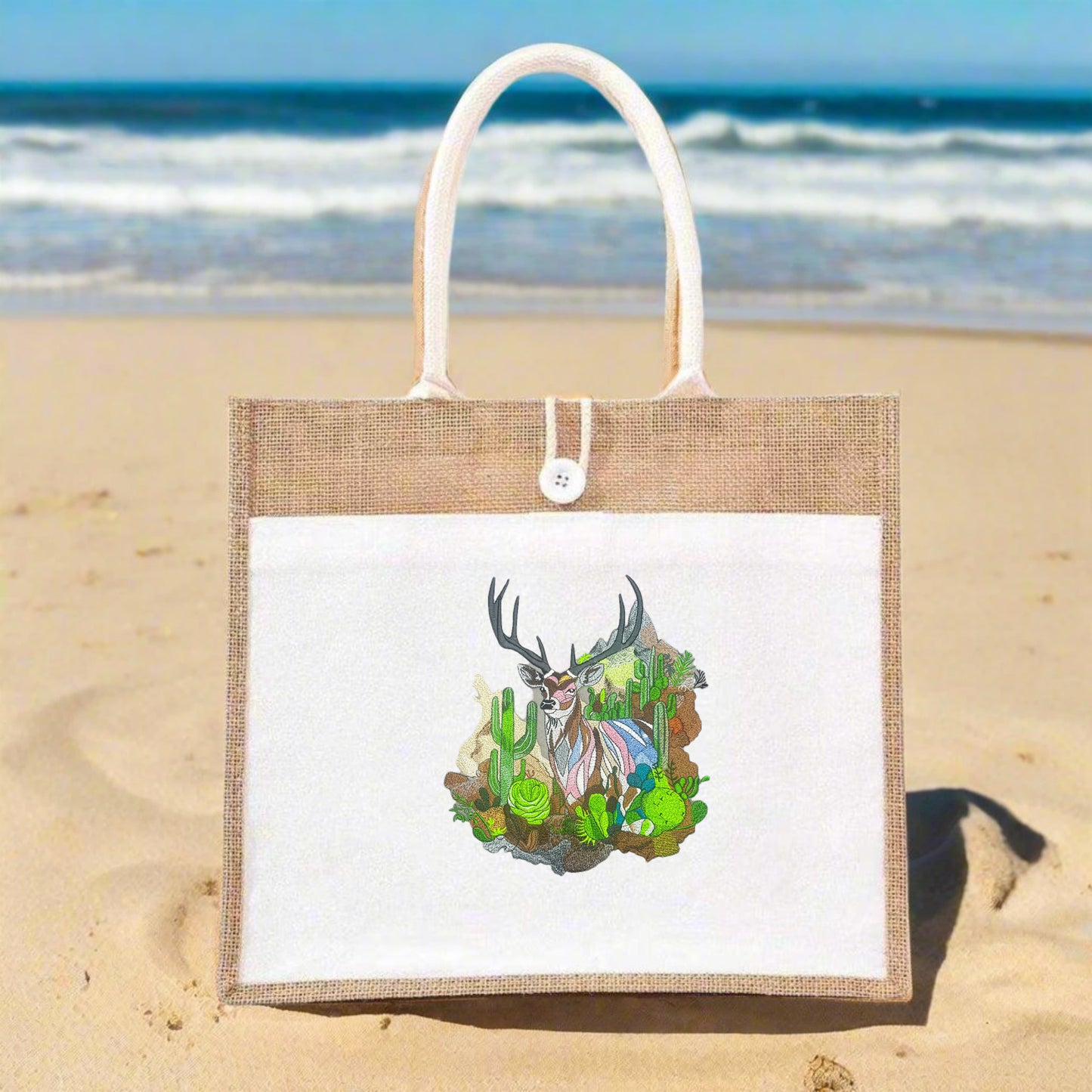 Alpine Monarch: Elegant Mountain Deer Embroidered Jute Tote – Where Peaks Meet Thread