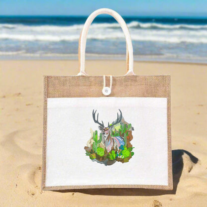 Alpine Monarch: Elegant Mountain Deer Embroidered Jute Tote – Where Peaks Meet Thread
