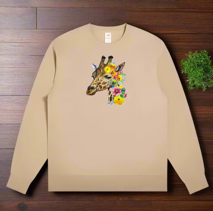 Botanical Giraffe & Wildflower Embroidered Sweatshirt – Wanderlust Comfort 🦒🌸 Handmade with Heart