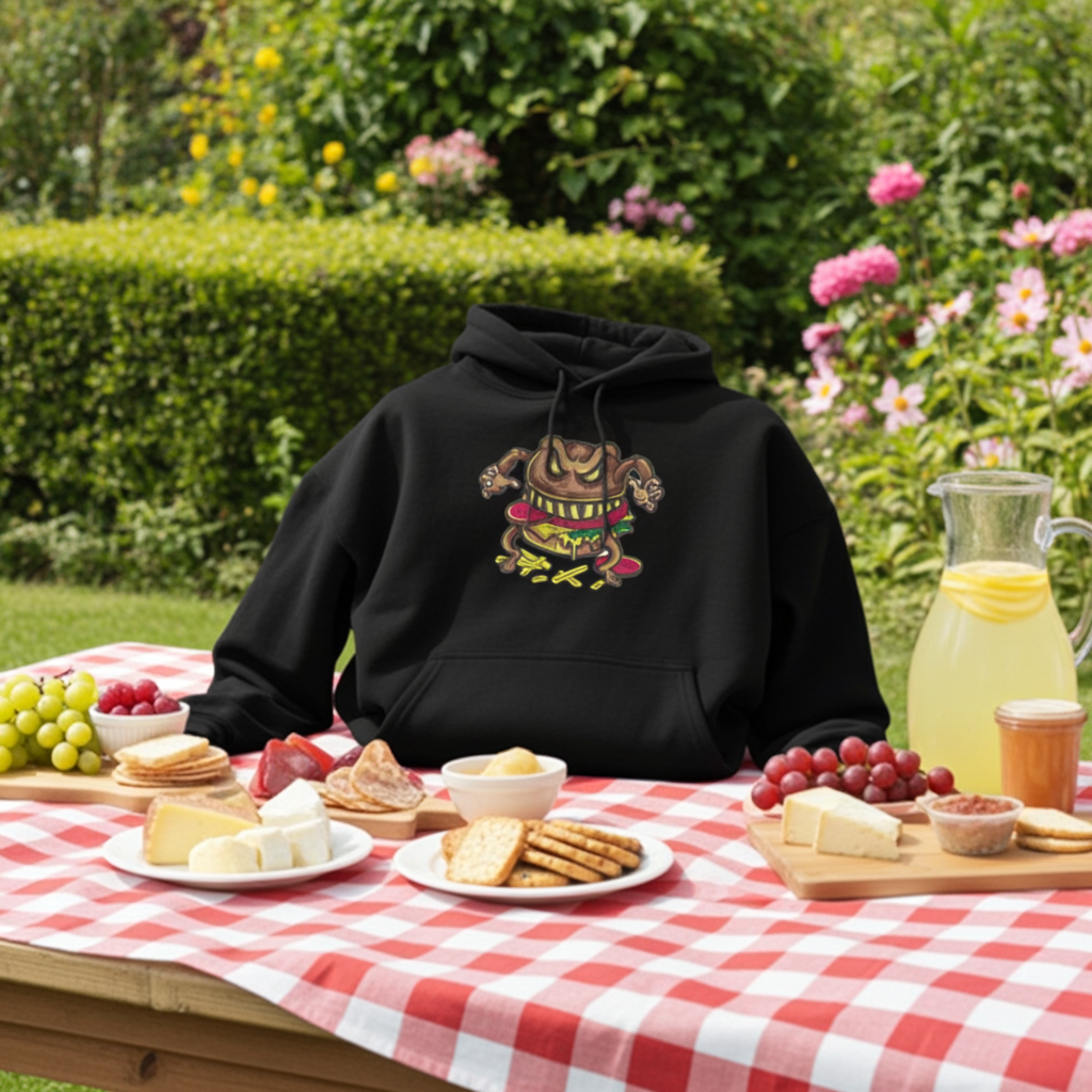 كنزة مطرزة بشعار "هيكس أوف ذا هانغري: كيرسد برجر" - إصدار "بوسيسد باتي" 🍔💀 | صناعة حرفية فردية